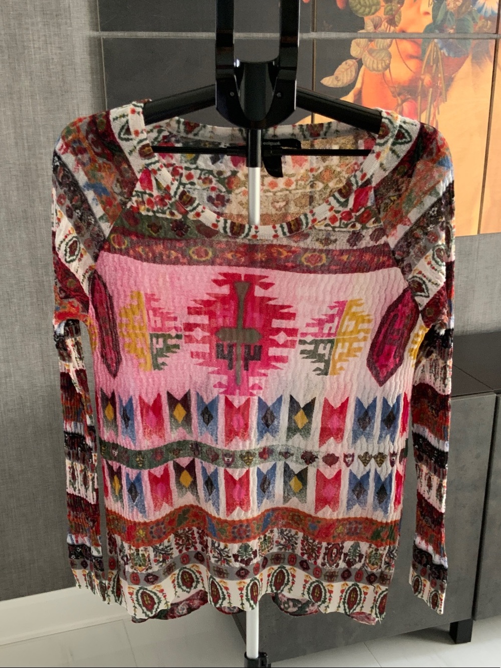 Desigual Colorful Aztec Print Long Sleeve Sheer Top -  L